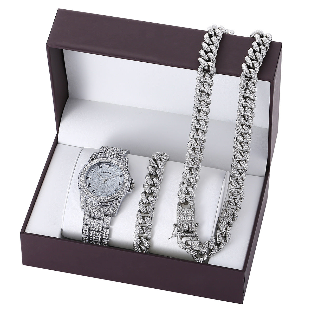 Diamond-Style Steel Watch, Collar and Bracelet Set for Women or Men