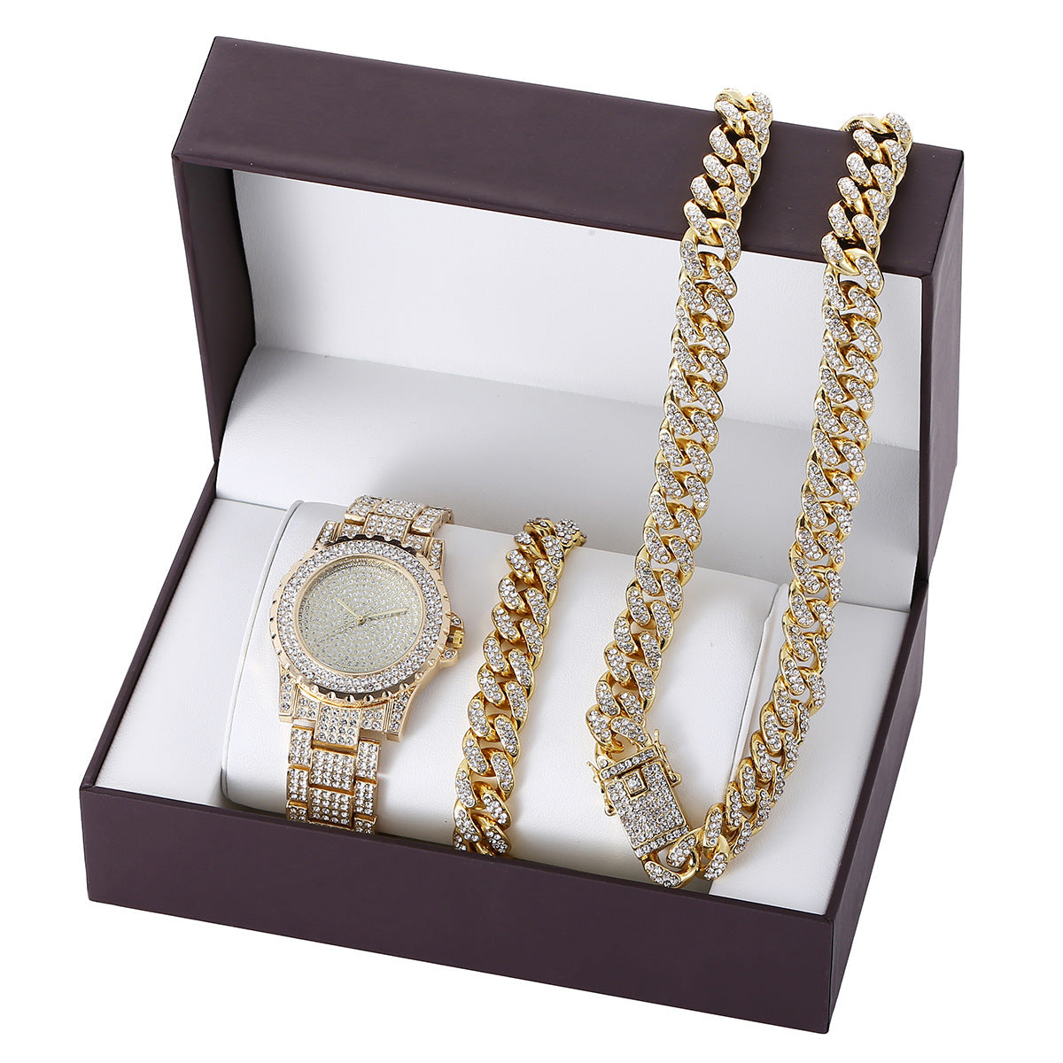 Diamond-Style Steel Watch, Collar and Bracelet Set for Women or Men