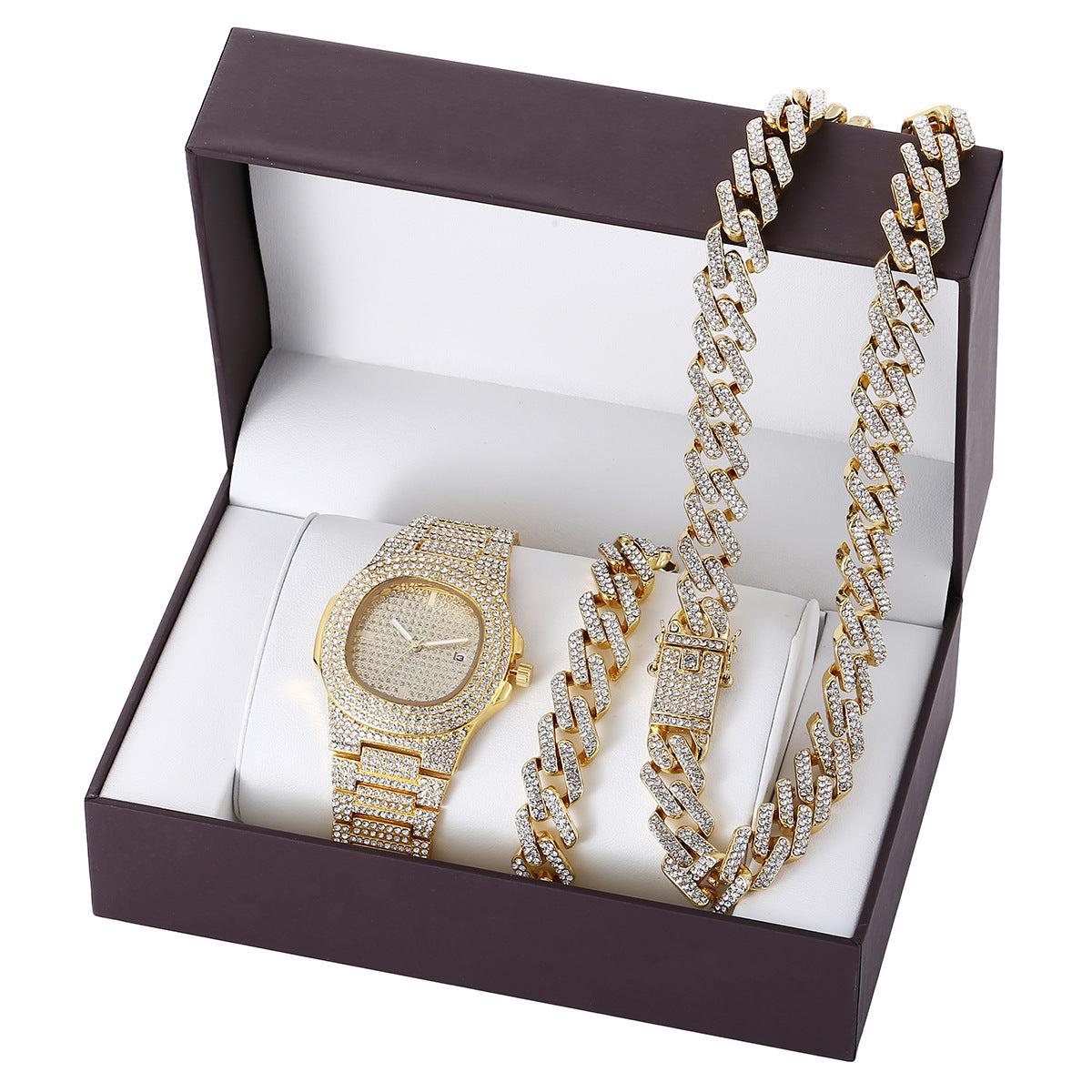 Diamond-Style Steel Watch, Collar and Bracelet Set for Women or Men