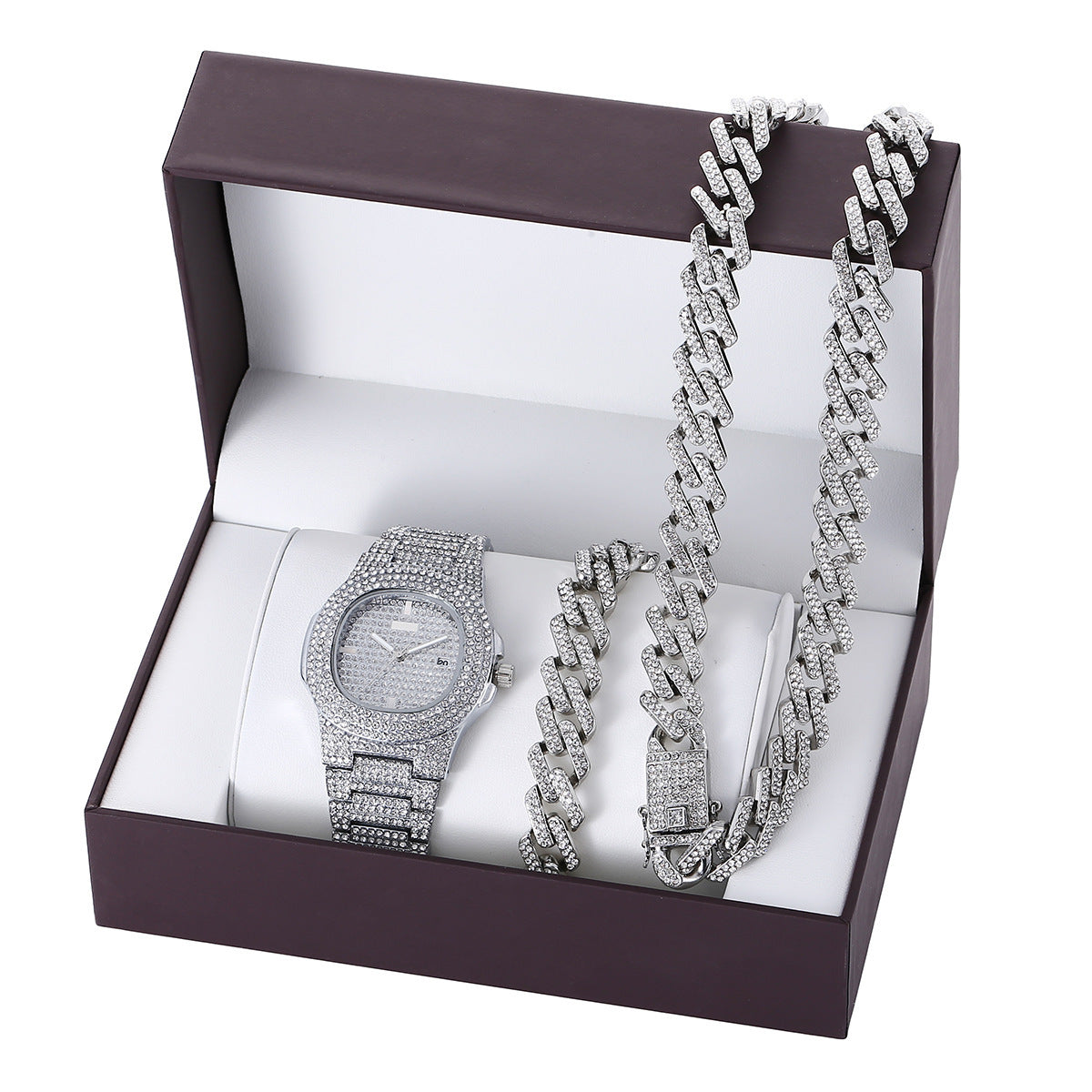 Diamond-Style Steel Watch, Collar and Bracelet Set for Women or Men