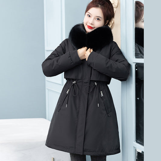 'Carla' Mid-Length Fleece-Lined Cotton Coat with Cinched Waist