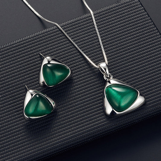 Geometric Triangle Cat-Eye Necklace and Earrings Set, Emerald-Style Green Stone