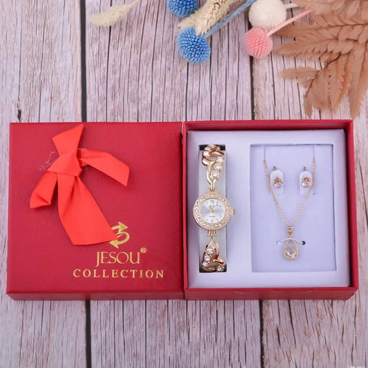 Quartz watch ear stud necklace three-piece set