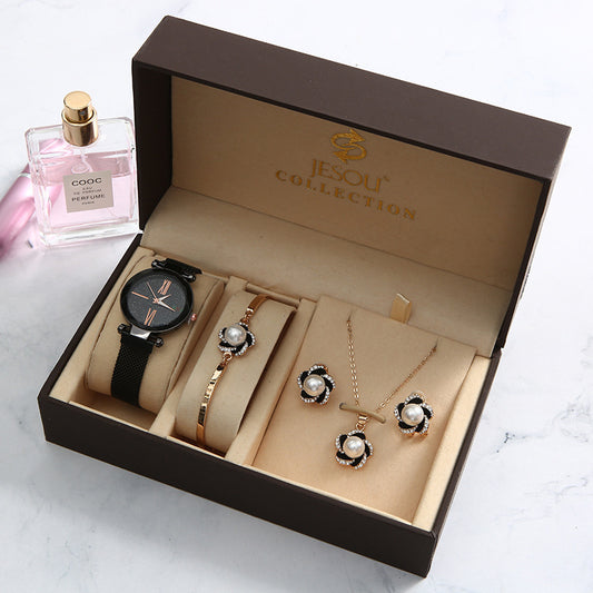 Five-Piece Watch Set with Modern Necklace, Earrings and Bracelet