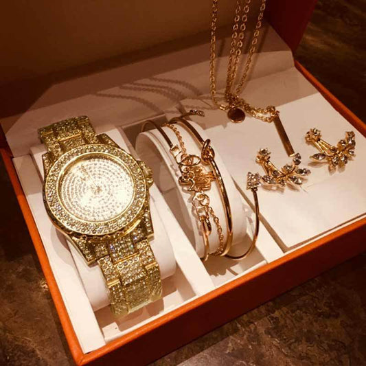 Diamond-style Watch, Leaf Bracelet, Earrings and Necklace Set for Women