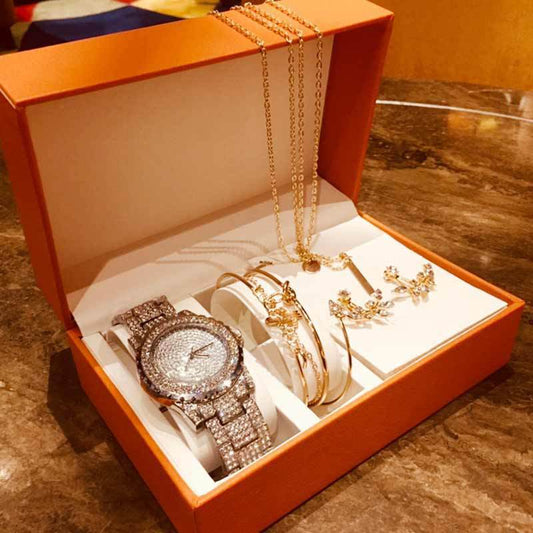 Diamond-style Watch, Leaf Bracelet, Earrings and Necklace Set for Women