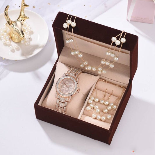 Diamond-Style Watch, Pearl Bracelet, Earrings and Necklace Set for Women
