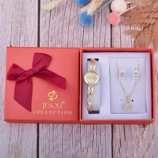 Quartz watch ear stud necklace three-piece set