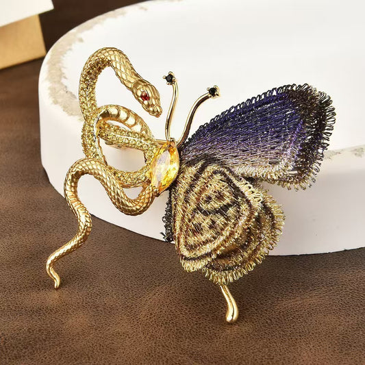 Exotic Snake and Butterfly Brooch, Hand-Embroidered Statement Pin for Women