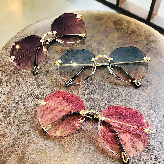 Boho Chic Leaf Design Rimless Polygonal Sunglasses For Women
