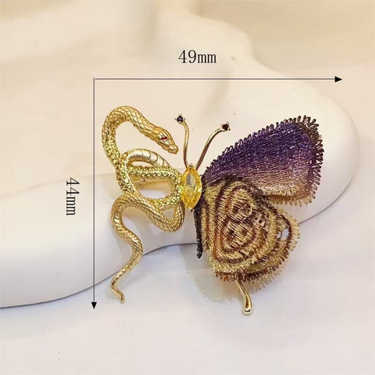 Exotic Snake and Butterfly Brooch, Hand-Embroidered Statement Pin for Women
