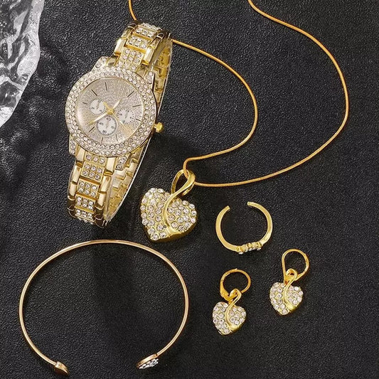 Full Diamond Gold Set Quartz Watch, Bracelet, Earrings, Necklace, Ring Women's Fashion Jewelry