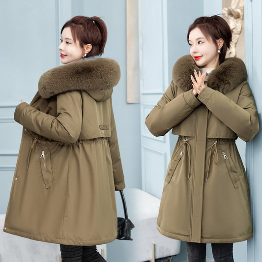 'Carla' Mid-Length Fleece-Lined Cotton Coat with Cinched Waist