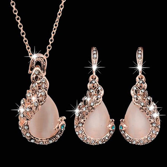 Elegant Waterdrop Rhinestone Pendant Necklace and Hook Earrings Jewelry Set for Women