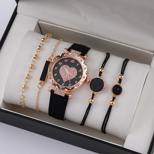 Korean High-End Quartz Watch Set, Minimalist Fashion with Heart Detail