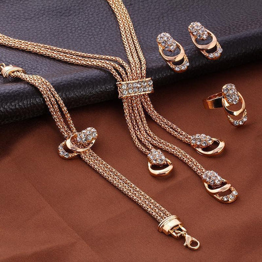 Bridal Jewelry Set, Necklace, Ring and Earrings Four Pieces Gold Luxury-style