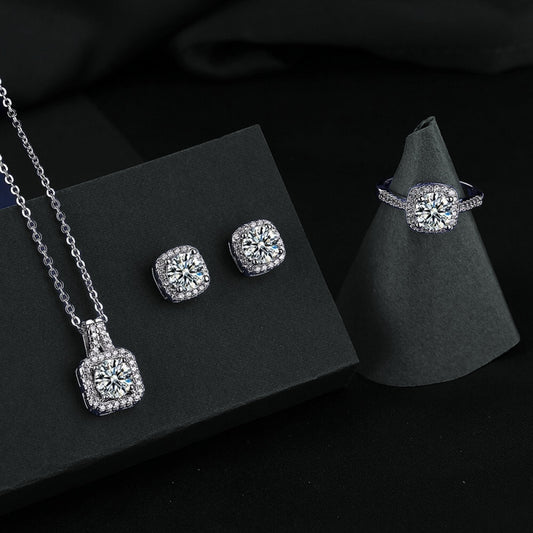 Square Bag Diamond Necklace, Rings, Ear Studs Jewelry Set