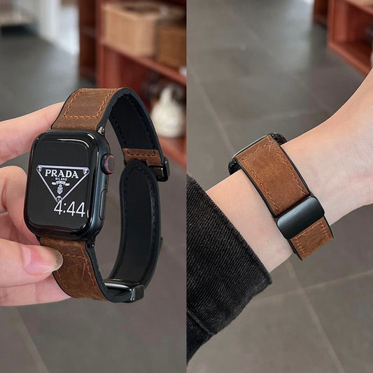Genuine Leather Watch Band for Apple Watch, Folding Magnetic Buckle