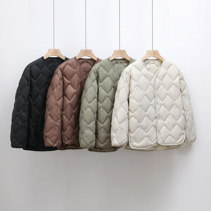 Women’s Plus Size Short Down Coat, Diamond Lattice V-Neck Design Duck Feathers