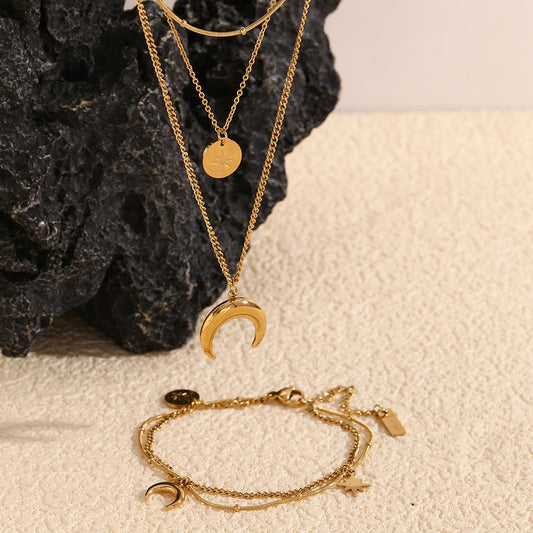Vintage Stainless Steel Necklace and Moon Star Bracelet, 18K Gold Plated