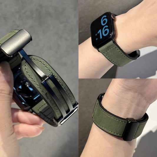Genuine Leather Watch Band for Apple Watch, Folding Magnetic Buckle