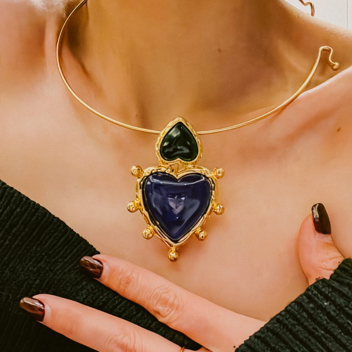 Dark Green Heart Vintage Jewelry, High-Grade Necklace or Earrings