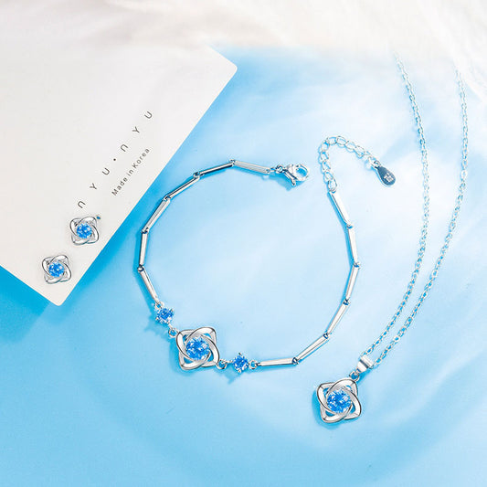 Diamond-Style Ocean Heart & Clover Necklace Set for Women, Romantic Charm Jewelry