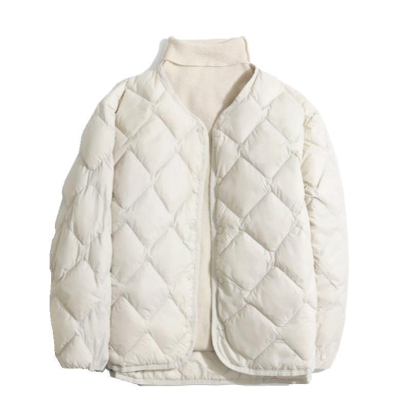 Women’s Plus Size Short Down Coat, Diamond Lattice V-Neck Design Duck Feathers