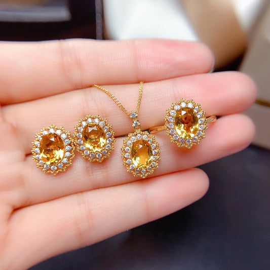 Colored Gems Lucky Jewelry Set, Fully-Inlaid Yellow Diamond Ring, Ear Studs, Necklace for Women