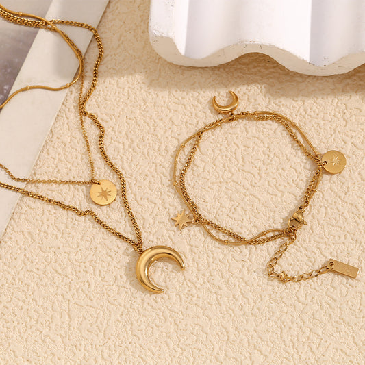 Vintage Stainless Steel Necklace and Moon Star Bracelet, 18K Gold Plated