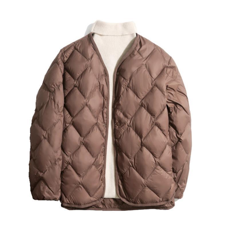 Women’s Plus Size Short Down Coat, Diamond Lattice V-Neck Design Duck Feathers