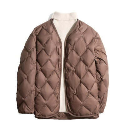 Women’s Plus Size Short Down Coat, Diamond Lattice V-Neck Design Duck Feathers