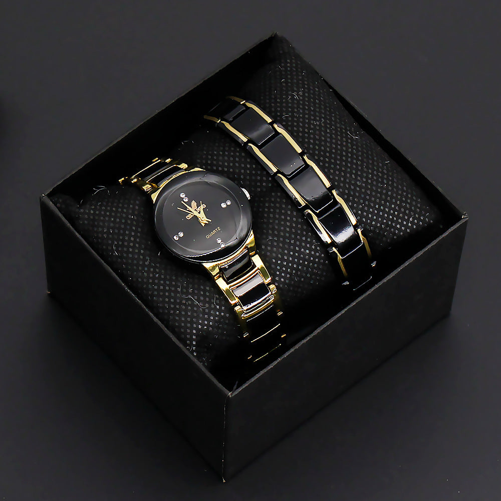 Quartz Couple Watch Set with Steel Band and Bracelet