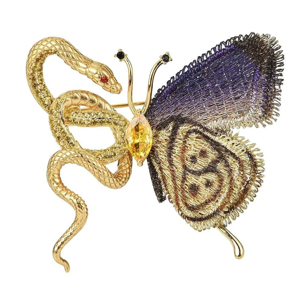 Exotic Snake and Butterfly Brooch, Hand-Embroidered Statement Pin for Women